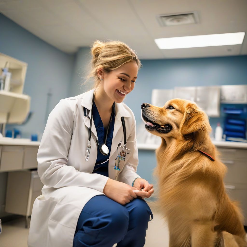 A vet tech student in scrubs, wearing a stethoscope, is crouched down gently examining a golden retriever.